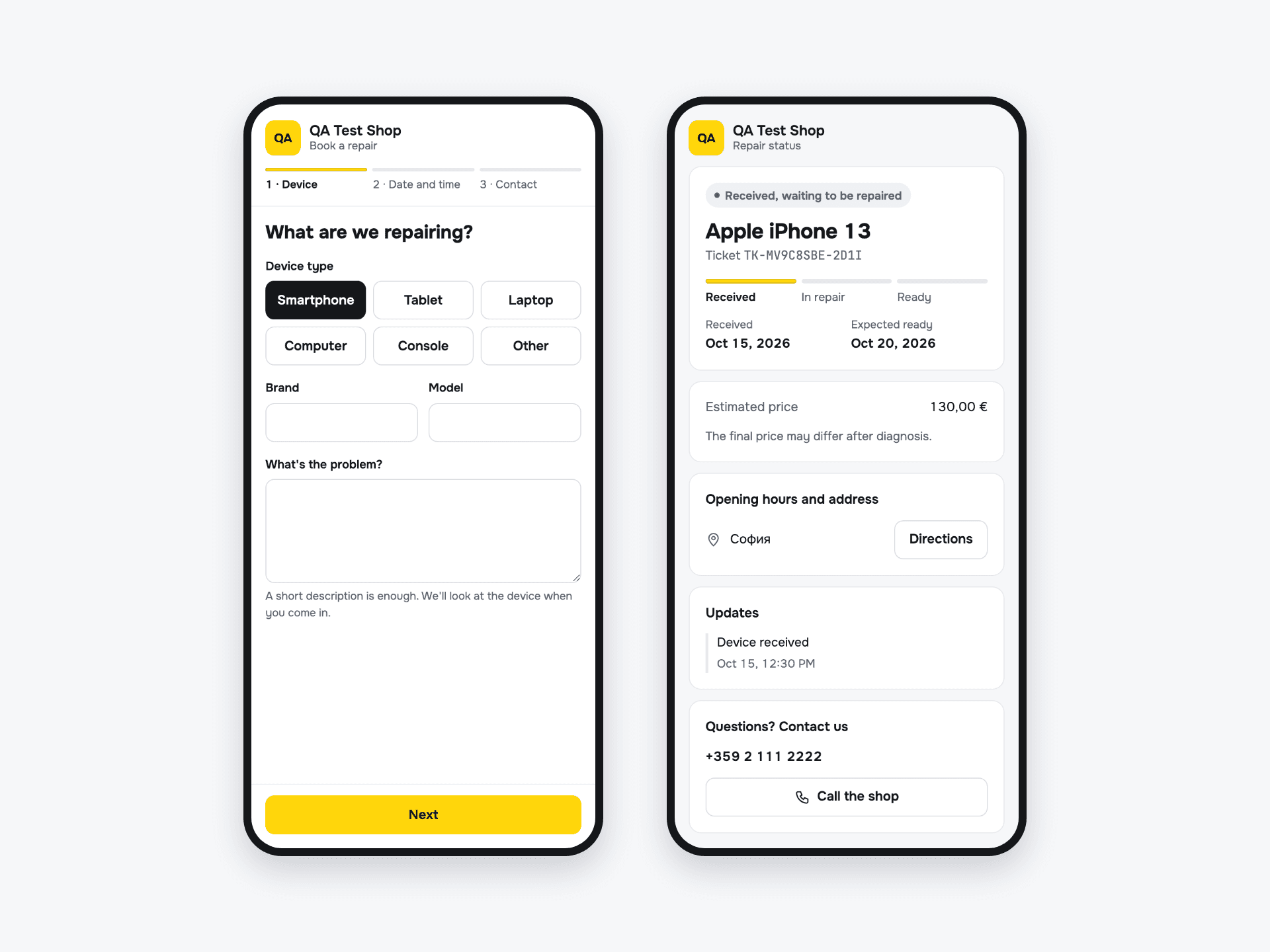 Online booking and status page on a phone